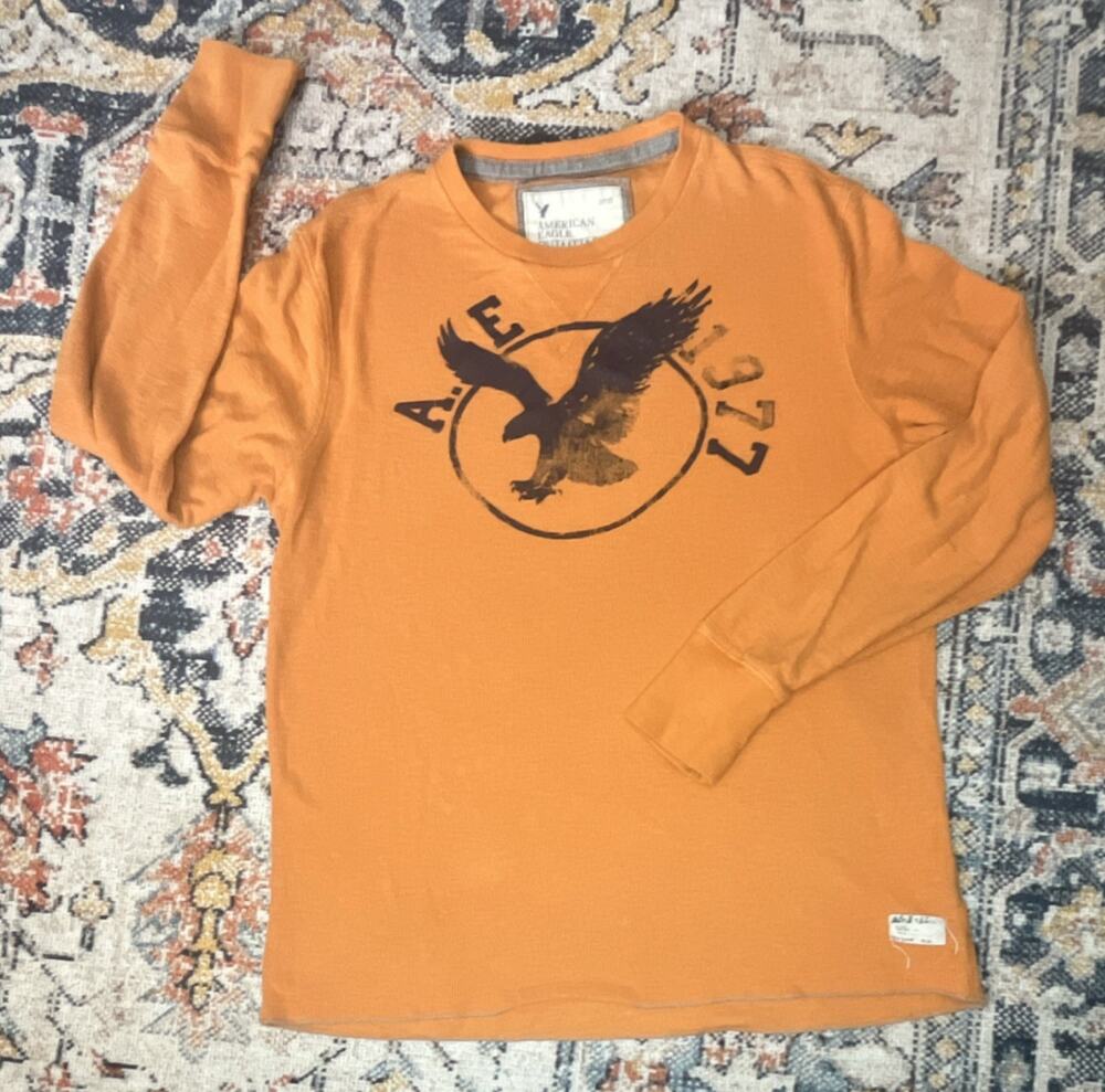 Vintage American Eagle Outfitters No. 77 Waffle Knit Thermal Orange, Medium 2009